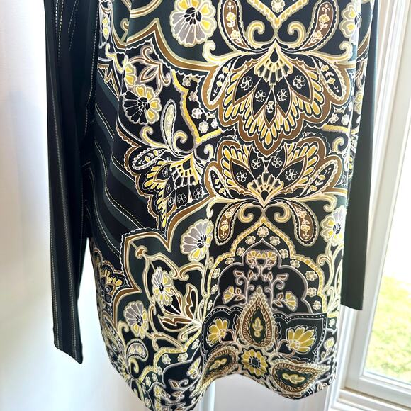 Bob Mackie Wearable Art Black Yellow Paisley Stretch Long Sleeve Shirt Medium - Picture 3 of 6